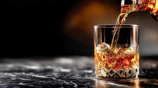 Glass of whiskey on a marble table