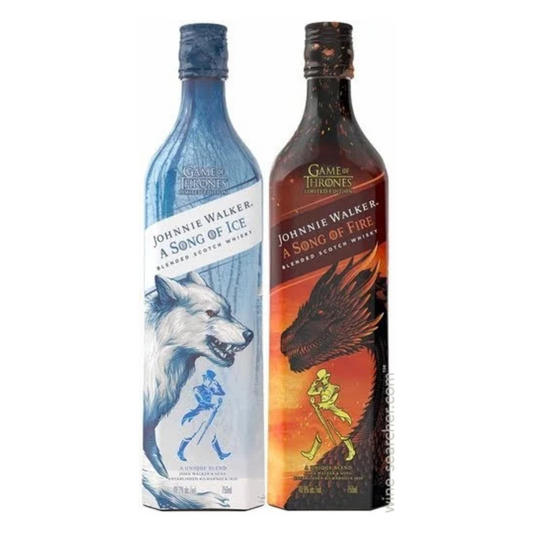 Bottle of Johnnie Walker A Song of Fire whisky featuring a red label with a dragon design, inspired by House Targaryen from Game of Thrones.
Bottle of Johnnie Walker A Song of Ice whisky with a frosted label and a Direwolf design, inspired by House Stark from Game of Thrones.