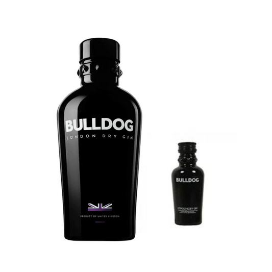 “A 70cl bottle of Bulldog London Dry Gin with its distinctive black matte finish and silver studded collar, placed against a clean background.”
