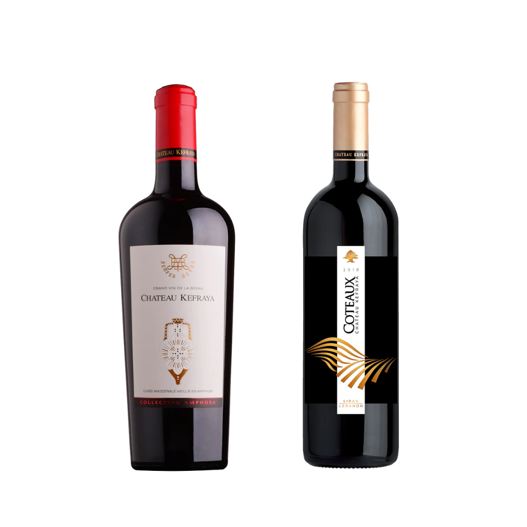 Château Kefraya Les Coteaux red wine bottle – premium Lebanese red blend from Bekaa Valley. Château Kefraya Amphora red wine – natural amphora-aged Lebanese wine from Bekaa Valley