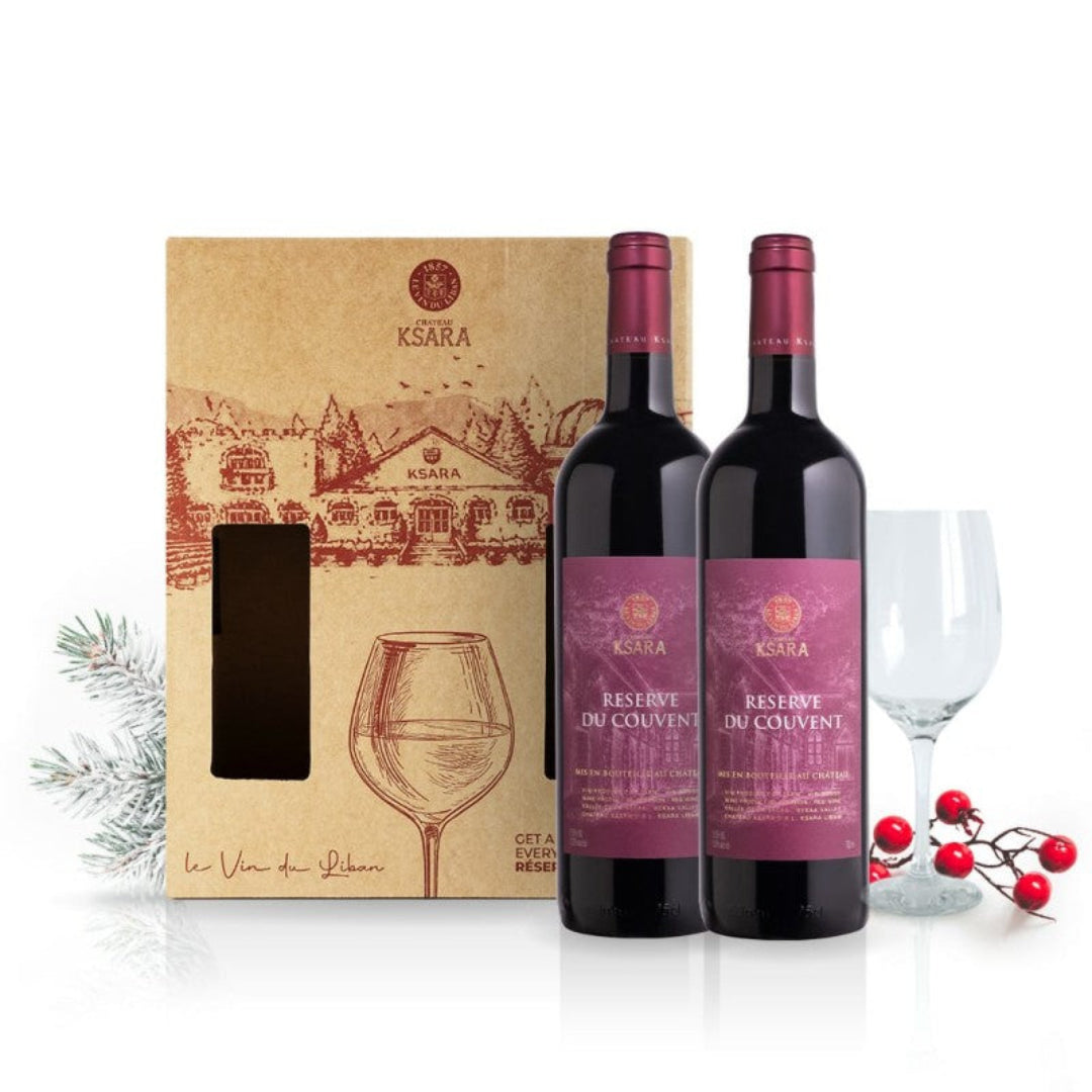 Château Ksara Réserve du Couvent gift pack with two bottles and two branded glasses