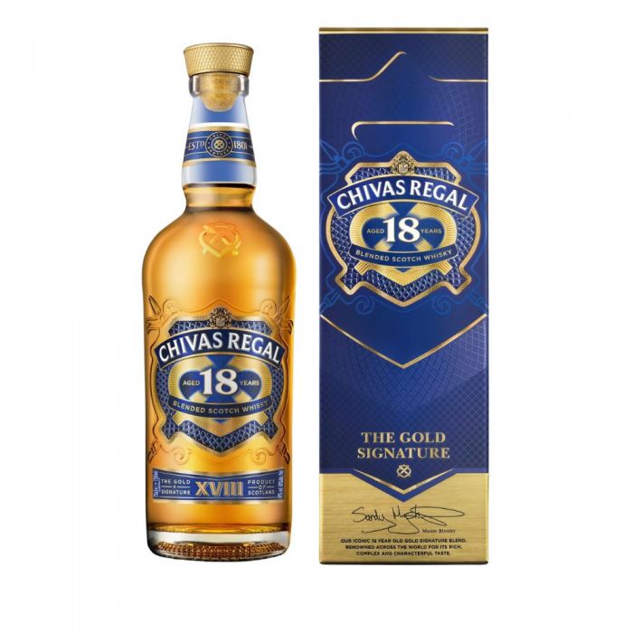 Chivas Regal 18 Years Aged Scotch Whisky bottle next to its blue and gold packaging box, on a plain white background.