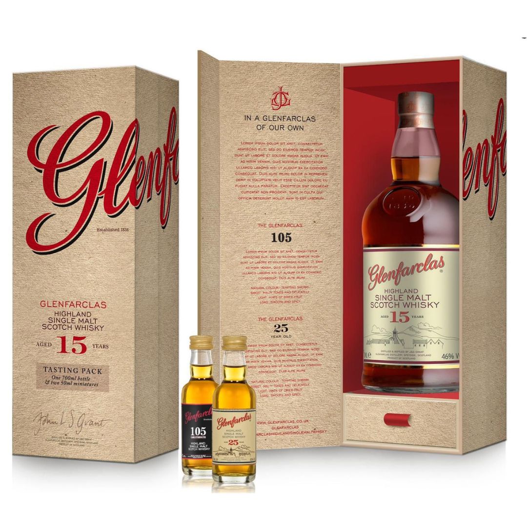 The perfect gift - A bottle of Glenfarclas 15 year old that comes with two free miniatures of Glenfarclas 105 and Glenfarclas 25 year old.