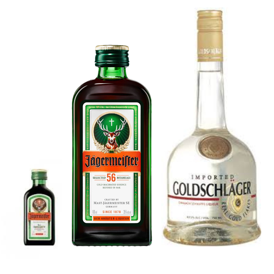 “Jägermeister 70cl bottle with Goldschläger 1L and a free 4cl mini Jägermeister bottle – herbal liqueur and cinnamon schnapps combo”