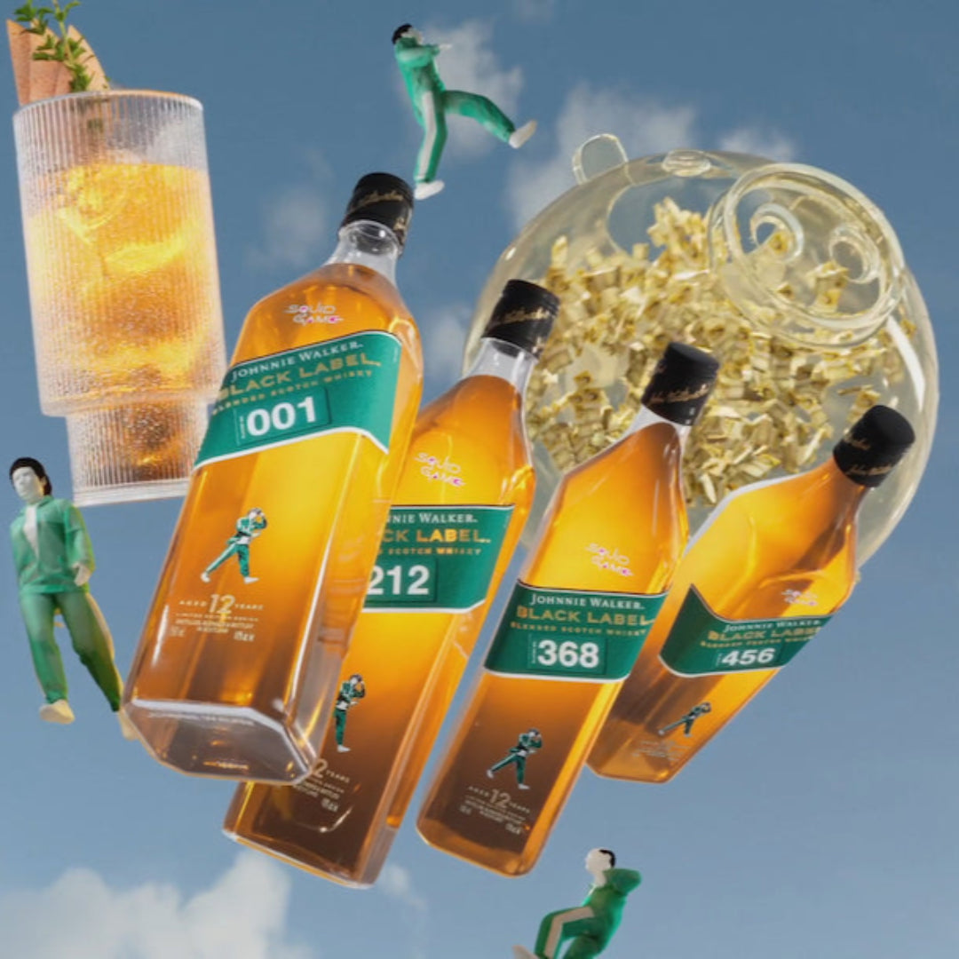 “Limited edition Johnnie Walker Black Label Squid Game bottle featuring themed design inspired by the Netflix series, with iconic Black Label branding.”
