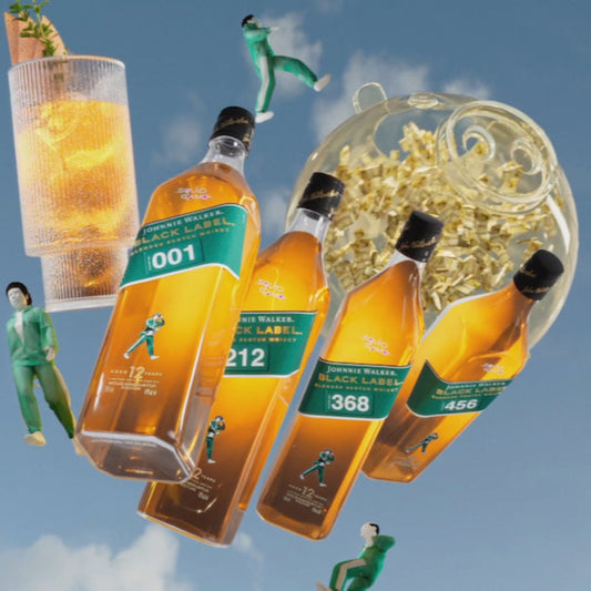 “Limited edition Johnnie Walker Black Label Squid Game bottle featuring themed design inspired by the Netflix series, with iconic Black Label branding.”
