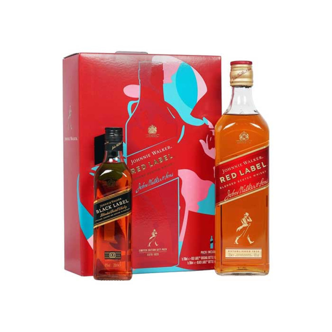 Johnnie Walker Red Label 75cl and Black Label 20cl Gift Pack – blended Scotch whisky set in premium box