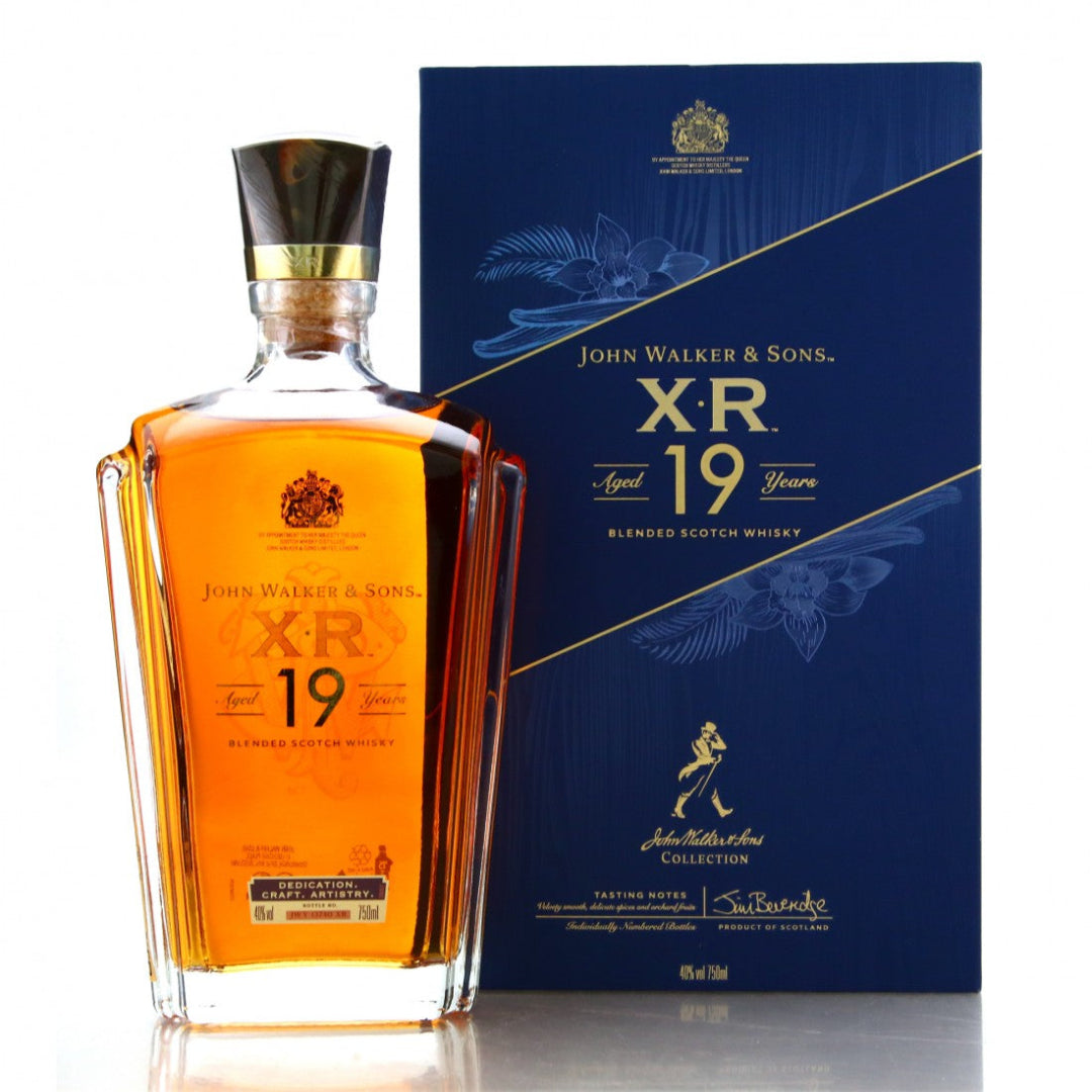 “Bottle of Johnnie Walker XR 19 Year Old blended Scotch whisky with a regal decanter-style design and rich amber color.”