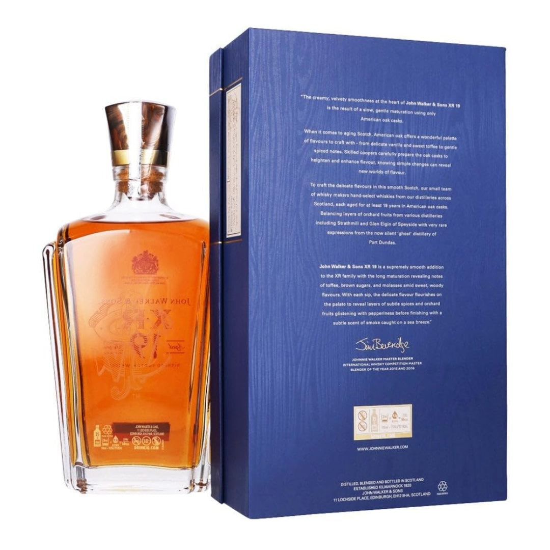 “Bottle of Johnnie Walker XR 19 Year Old blended Scotch whisky with a regal decanter-style design and rich amber color.”