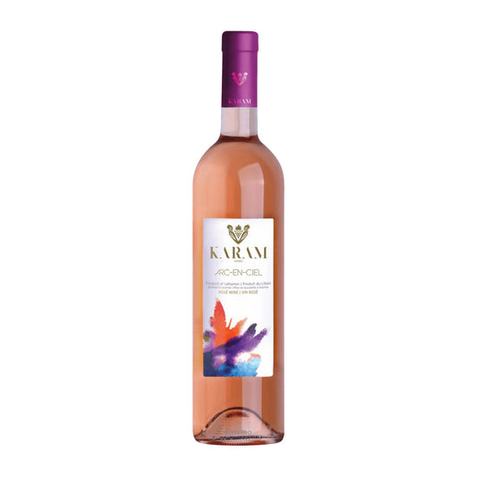 “A 750ml bottle of Karam Arc En Ciel Rosé wine with a sleek design, featuring a colorful rainbow-themed label; 13.5%.”