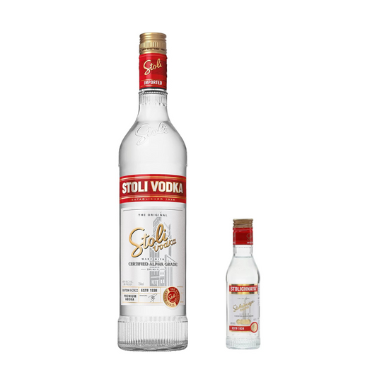 “Stolichnaya Vodka 75cl bottle with a free 5cl mini bottle – premium Russian vodka combo”