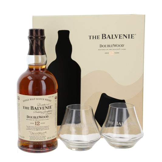 The Balvenie 12 Years Old Double Wood Gift Pack – 70cl bottle with 2 whisky glasses in presentation box